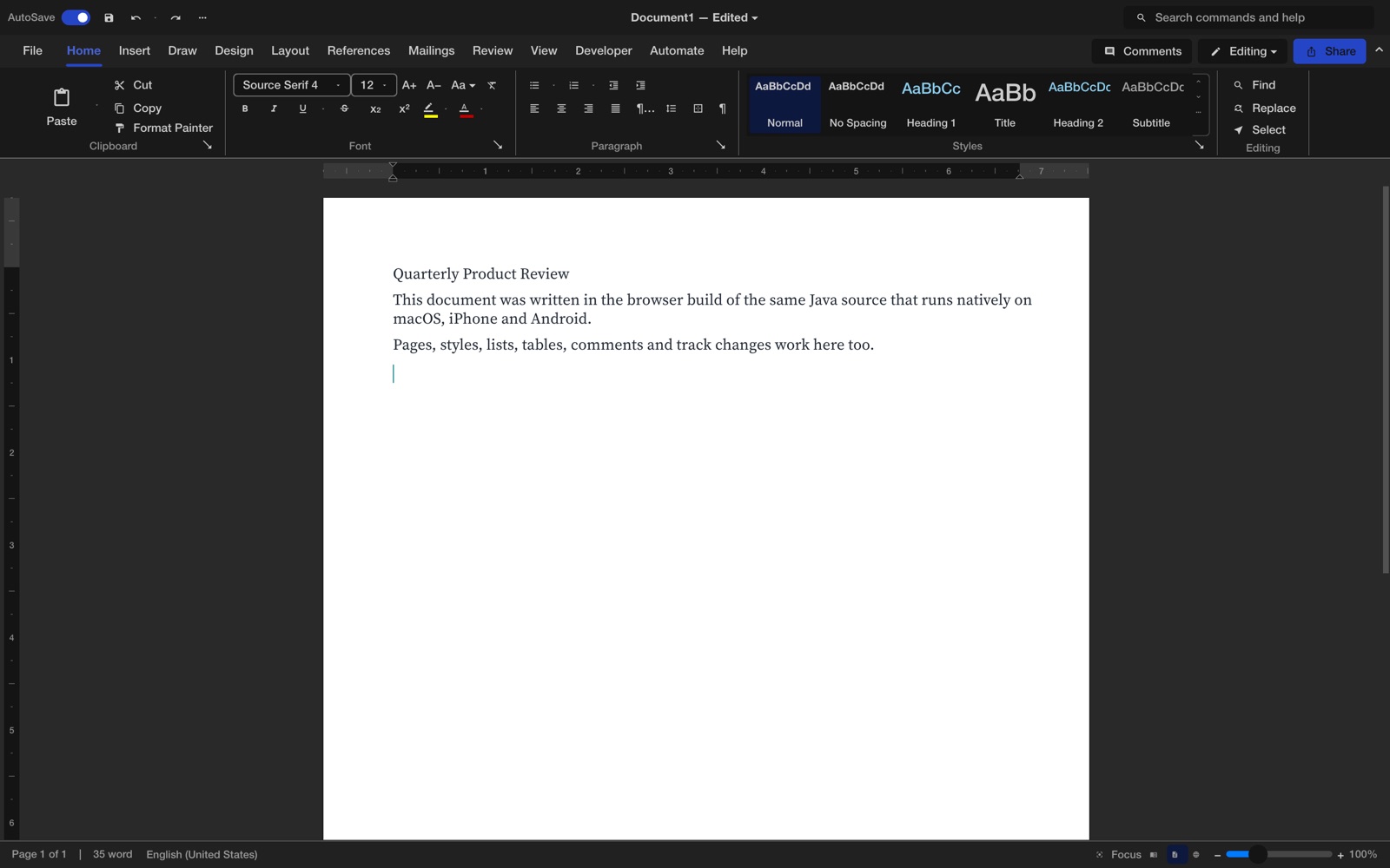 The Java word processor running in a browser